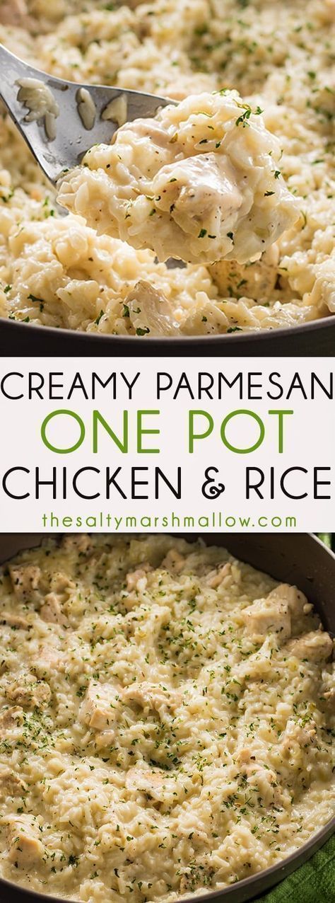 This Creamy Parmesan One Pot Chicken and Rice is the easiest chicken and rice casserole! A simple dinner recipe for chicken and rice that is cheesy, delicious, and ready in 30 minutes! Parmesan Chicken And Rice, One Pot Chicken And Rice, Creamy Parmesan Chicken, Salty Marshmallow, Chicken And Rice Casserole, Chicken Rice Recipes, Creamy Chicken And Rice, Easy Chicken And Rice, Recipe For Chicken