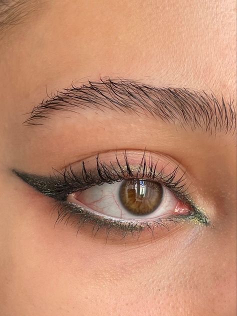 Brown Eyes With Green Eyeliner, Green Eyeliner Brown Eyes, Olive Green Eyeliner, Dark Green Eyeliner, Green Eyelashes, Eyeliner Under Eye, Smoked Eyeliner, Eyeliner Brown Eyes, Simple Prom Makeup