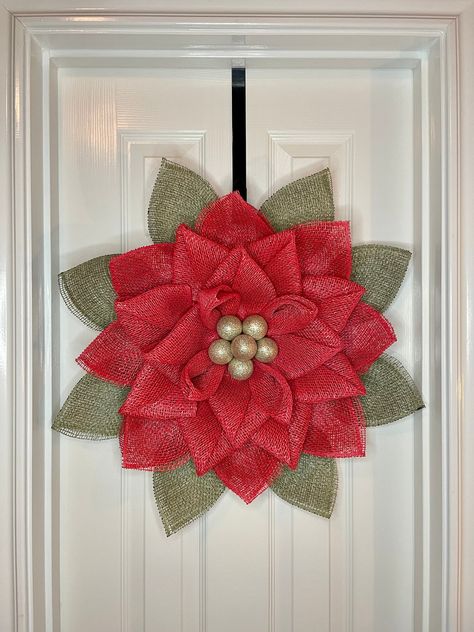 Excited to share this item from my #etsy shop: Poinsettia Flower Christmas Wreath in various colors for front door porch or patio, Poly Burlap Poinsettia Flower Wreath for winter decor Flower Christmas Wreath, Burlap Poinsettia, Burlap Mesh Wreath, Flower Christmas, Flower Wreaths, Door Wreaths Diy, Door Porch, Front Door Porch, Diy Wreaths