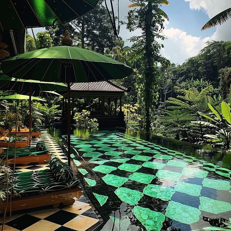 BAPTISTE BOHU | Ubud Private Estate 🌴 The green tiles epitomizes the surrounding ricefields and the immaculate white of the interior is used to enhance… | Instagram Baptiste Bohu, Nature Pool, Villa Landscape, Green Tiles, Window Architecture, Deco Decor, Ubud Bali, Green Home, Green Tile