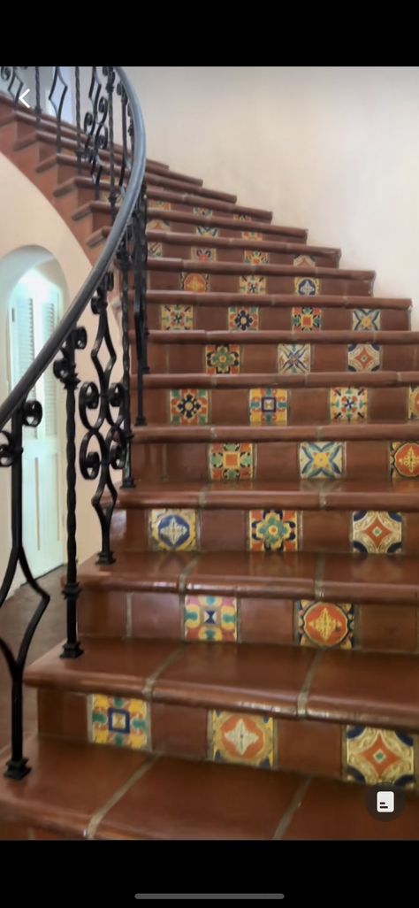 Tiled Staircase Ideas, Tile Stairs Indoor Staircases, Mosaic Staircase, Spanish Stairs, Tile Staircase, Stair Panels, Tiled Stairs, Narrow Stairs, Tiled Staircase