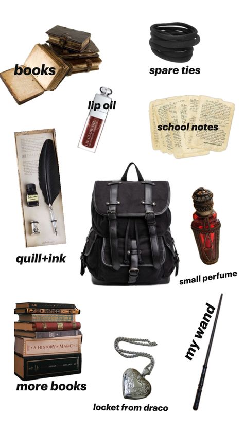 School bag :) Hogwarts Bag, Dark Academia School, Dark Royalty Aesthetic, Harry Potter School, Academia Aesthetic Outfit, Everyday Bag Essentials, Harry Potter Girl, Hogwarts Dr, Quill And Ink