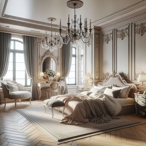 It must include a large bed with an ornate headboard, luxurious bed linens, tall French windows allowing in ample natural light, and a classy color palette. Antique furniture pieces, such as a vanity table and a chaise lounge, should be included. The design should incorporate soft, romantic elements, modern minimalistic touches, and artful accents. This image should serve as a valuable source of inspiration for a home remodeling project. French Royal Bedroom, Bedroom Old Money, Versailles Inspired Bedroom, Old Mansions Interior Bedroom, Old Money Bedroom Aesthetic, Old Money Bedroom, Castle Bedroom Master Suite, Royal Luxury Bedroom Design, French Mansion Interior Master Bedrooms