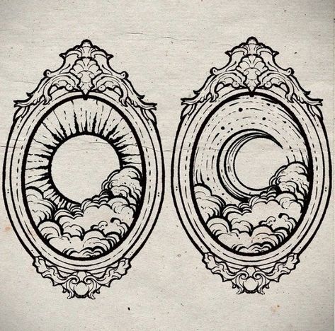 Illustrative Sun Tattoo, Rabbit Hole Tattoo Ideas, American Traditional Stained Glass Tattoo, The Sun The Moon Tattoo, Moon Aesthetic Doodle, Filagry Tattoo Design, Sun Moon Art Paintings, Sun Drawings Aesthetic, Dark Acedamia Tattoos