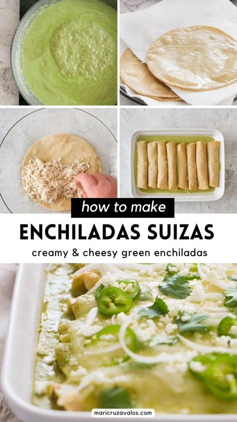 This authentic recipe for enchiladas suizas verdes is super easy to make. The tortillas are stuffed with shredded chicken, rolled, then drizzled with a creamy green sauce, topped with lots of cheese and baked to perfection. #enchiladassuizasdepollo #creamygreenenchiladas Enchilada Suizas Recipe, Enchilada Suiza Sauce, Creamy Chile Verde Sauce, Authentic Enchiladas Suizas, Chicken Enchiladas Tomatillo Sauce, Green Enchiladas Authentic, Green Chili Cream Cheese Enchiladas, Creamy Enchiladas Verdes, Authentic Chicken Enchiladas Mexico