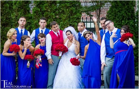 Fourth of July wedding. Cherry red and cobalt blue bridesmaid dresses. Alfred Angelo. Red roses and red shoes. Royal Blue And Red Wedding Theme, Royal Blue And Red Wedding, Blue Dress Bridesmaid, Book Inspired Wedding, Spiderman Wedding, Red And Blue Wedding, White Wedding Color Palette, Blue And Red Wedding, Red White Blue Wedding