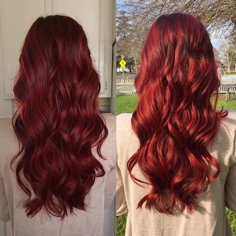 Indoor and outdoor lighting. Vibrant long red hair. Joico ruby red. @lalarootsbeauty Ruby Red Hair Color, Ruby Red Hair, Vibrant Red Hair, Red Hair Extensions, Shades Of Red Hair, Red Hair Inspo, Hair Color Burgundy, Ginger Hair Color, Dark Red Hair