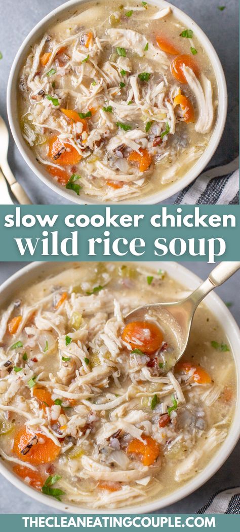 This Slow Cooker Chicken Wild Rice Soup Recipe is simply the best! Loaded with chicken and veggies and done in under an hour! Healthy and delicious! Easy to make in your crockpot, instant pot, or on stovetop. Chicken Wild Rice Slow Cooker, Whole 30 Chicken Soup Crockpot, Healthy Crockpot Recipes For Fall, Chicken Soup With Wild Rice, Cheap Slow Cooker Recipes Healthy, Easy Healthy Recipes Crockpot, Healthy Meals Crockpot Recipes, Best Fall Slow Cooker Recipes, Slow Cooker Soup Recipes Easy Healthy