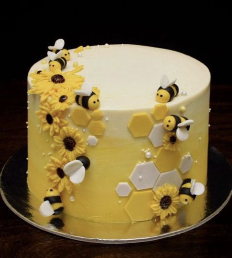 Honey Bee Birthday Cake Ideas, Bee Buttercream Cake, Bee Bday Cake, Honey Bee Theme Birthday Cake, Bee Hive Birthday Cakes, Bee Sunflower Cake, Bumble Bee Cake Ideas Birthday, Cake With Bees And Flowers, Parents To Bee Cake