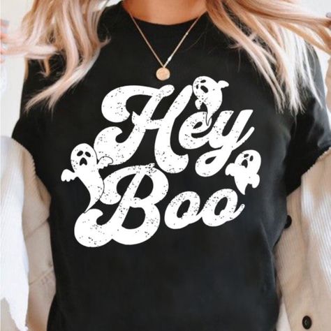 Black With White Print: “Hey Boo” Halloween Ghost Graphic Tee Shirt With Rolled/Cuffed Short Sleeves. Cute, Comfy, True To Size. Approx Flat Measurements: Lg: 21.5”B, 21.5”W, 26.5”L, Roll Cuff Short Sleeves Xl: 22.75”B, 23”W, 27”L Fall, Halloween, Autumn, Ghost, Hey Boo, Graphic T-Shirt, Halloween Shirt, Trick Or Treat, Trunk Or Treat, Halloween Party, Teacher, School, Holiday, Casual Wear, Comfy Graphic Tees Halloween, Halloween Tshirts Ideas, Halloween Vinyl, Halloween Graphic Tees, Black Halloween, Vinyl Shirts, Halloween Boo, T Shirts With Sayings, Graphic Tee Shirts