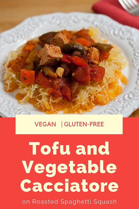 Tofu and Vegetable Cacciatore: You'll find a phethora of vegetables in this delicious vegan version of cacciatore. Served over roasted spaghetti squash, it's a light yet filling meal. Vegan Cacciatore, Eggplant Vegan, Recipe Using Zucchini, Roasted Spaghetti Squash, Spaghetti Squash Recipe, Summer Squash Recipes, Cacciatore Recipes, Gluten Free Plant Based, Vegan Zucchini