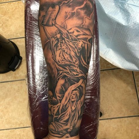 Moses Tattoos For Men, Moses Parting The Red Sea Tattoo, Moses Tattoo, Samson Tattoo, Moses Red Sea, Houston Tattoos, Biblical Tattoos, Parting The Red Sea, Biblical Artwork