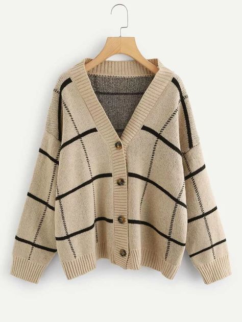 Celana Jogger Wanita, Buttoned Cardigan, Plaid Cardigan, Slouchy Style, Women Sweaters, Grid Pattern, Ribbed Neckline, Mode Vintage, Mecca