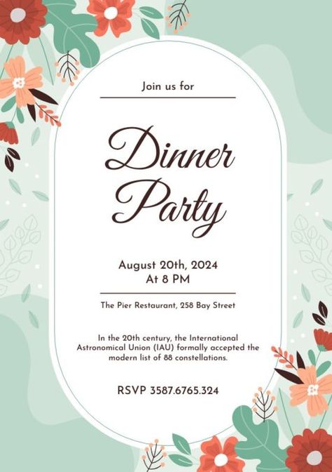 Elegant Floral Dinner Party Invitation Invitation Dinner Party, Dinner Invitation Card Design, Dinner Party Invitations Template, Floral Dinner Party, Dinner Invitation Design, Invitation Message, Invitation Examples, Dinner Invitation Template, Dinner Party Invitations