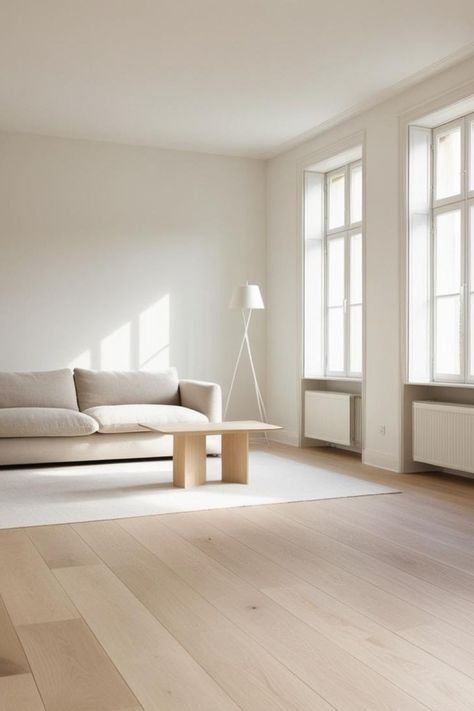 Bright living room interior with minimalist flooring, beige sofa, and natural light through large windows. Minimalist Flooring, Wood Flooring Ideas, Flooring Styles, Minimalist Homes, Modern Flooring, Pale Wood, Solid Wood Flooring, Flooring Ideas, Wood Flooring