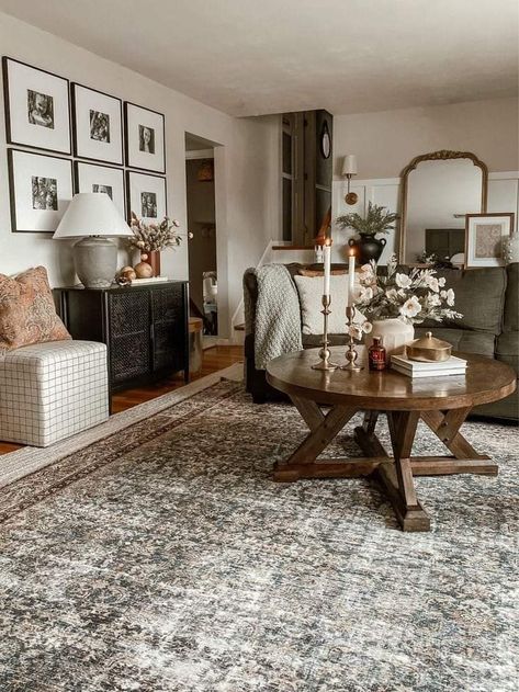 Vintage Style Rugs Living Rooms, Connecting Living Room And Dining Room, Rugs To Match Cream Couch, Dark Vintage Rug Living Room, Layer Rugs Dining Room, Euro Farmhouse Living Room, Patina Home Decor, Gray Couch With Green Accent Chairs, Organic Modern Spanish Decor