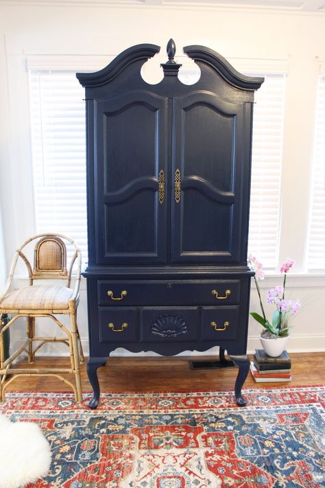 Stunning Naval Blue Armoire/TV Cabinet | Etsy Tv Armoire Repurposed, Blue Armoire, Tv Armoire, Refinished Furniture, Deep Navy Blue, Antique Brass Hardware, Bedroom Furniture Dresser, Tv Cabinet, Tv Cabinets