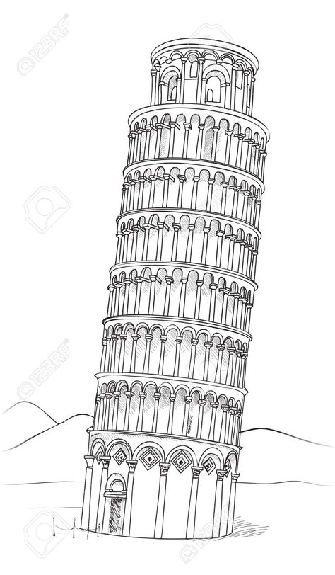 Landmark Drawings, Historical Monuments Drawing, Pisa Tower Drawing, Leaning Tower Of Pisa Drawing, Italy Drawing, Leaning Tower Of Pisa Sketch, Tower Drawing, Eiffel Tower Drawing, Pisa Tower