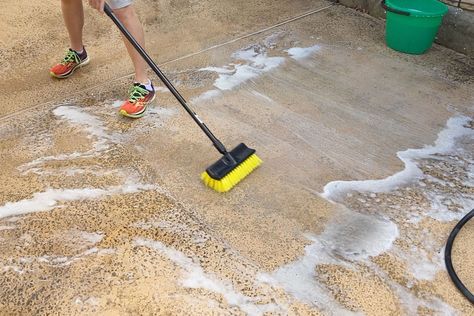 How To Clean a Concrete Patio Painted Pool Deck, Cleaning Concrete Floors, Hours Painting, Diy Concrete Patio, Concrete Cleaner, Concrete Stain Patio, Paint Concrete Patio, Clean Concrete, Clean Patio