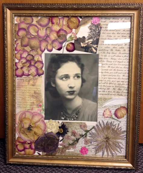 I had this idea to make a photo matte look like a scrapbook page to honor my grandmother who recently passed away. It has the pressed flowers from her spray, a feather and photo from the doves released at the funeral and a section of her funeral program and more. This is the finished product. Dried Flowers Diy, Memorial Ideas, Memory Frame, Memory Crafts, Memorial Flowers, Sympathy Flowers, Pressed Flower Art, After Life, Memorial Service