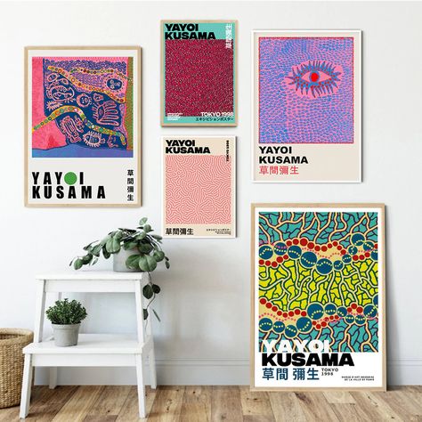 Yayoi Kusama Gallery Wall, Pink Stairs, Maximalist Cottage, Abstract Pumpkin, Picture Wall Living Room, Yayoi Kusama Art, Kusama Yayoi, Sitting Room Decor, Exhibition Posters