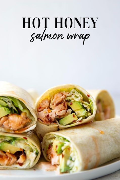 Hot honey glazed salmon, silky avocado, and a creamy scallion slaw are an incredible trio of flavors in this hot honey salmon wrap. An instant lunch level-up! Hot Honey Salmon, Salmon Wraps, Smoked Salmon Quiche, Salmon Wrap, Honey Glazed Salmon, Honey Salmon, Blackened Salmon, Avocado Sandwich, Salmon And Asparagus