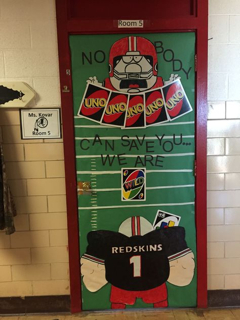 Card games door decorations competition uno door Hoco Door Ideas, School Pride Door Decorations, Door Decorations Classroom Homecoming, Football Door Decorations For School, Uno Door Decorations, Hoco Door Decorating Football, School Spirit Door Decorating Contest, Spirit Week Door Decorations, Hoco Door Decorating