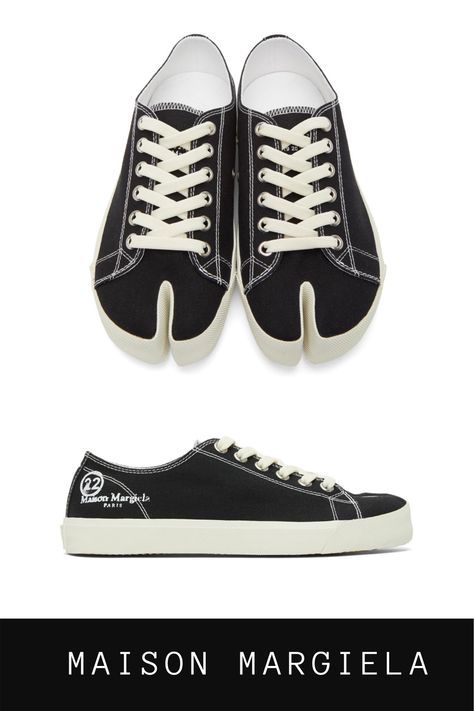 Maison Margiela Black Canvas Tabi Sneakers. Low-top canvas sneakers in black. Square cleft toe. Lace-up closure in off-white. Eyelet vents at inner side. Logo printed in white at outer side. Tabi Sneakers Margiela, Maison Margiela Tabi Sneakers, Tabi Sneakers Outfit, Margiela Tabi Sneakers, Tabi Sneakers, Single Clothes, Margiela Sneakers, Tabi Boots, Maison Margiela Tabi