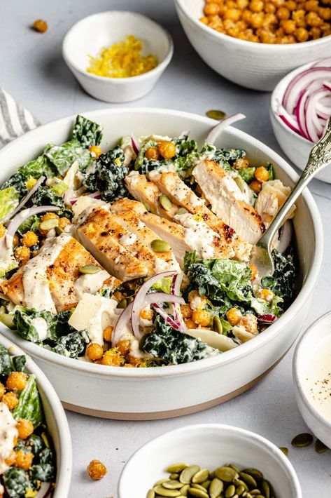 Kale Chicken Caesar Pasta Salad, Tahini Caesar Dressing, Kale Cesar Salad, Chicken Caesar Pasta, Balanced Recipes, The Perfect Salad, Chicken Kale, Kale Caesar, Chicken Caesar Pasta Salad