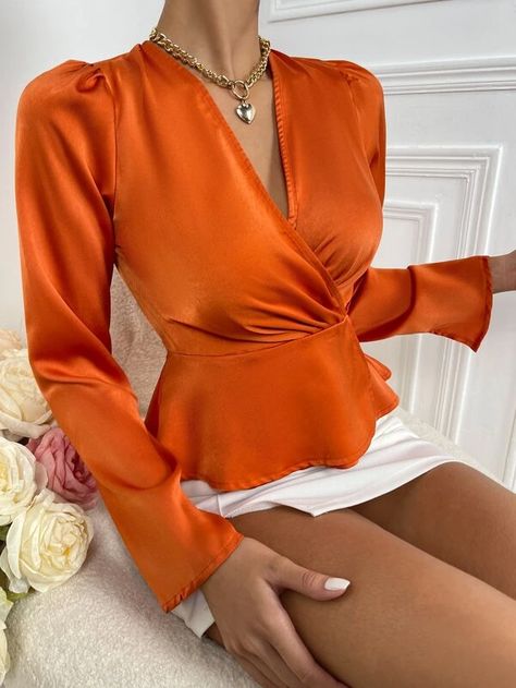 Orange Satin Dress Outfit, Orange And Emerald Green, Silk Top Designs, Chilanga Mulilo, Silk Peplum Top, Wedding Guest Glam, V Neck Peplum Top, Corset Blouses, Orange Satin Dress