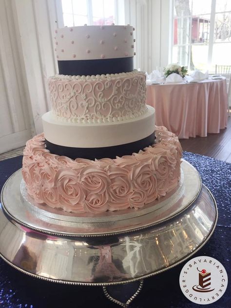 The rosettes are blush and the ribbon navy blue...wedding season is here and we ❤️ you! #weddingisourseason Navy Blush Weddings, Navy Blue Wedding Cakes, Wedding Cake Navy, Blush Wedding Cakes, Blue And Blush Wedding, Blue Bridal Shower, Blush Pink Weddings, Navy Blue Wedding, Blue Bridal