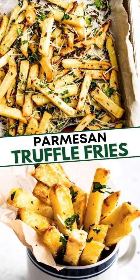 Who needs fast food when you can make your own parmesan truffle fries? These garlicky, crispy baked fries are coated in truffle oil and tossed with grated parmesan cheese and fresh parsley. They are so easy to make and you don’t even need a deep fryer! Tallow Fries, Truffle Fries Recipe, Diethood Recipes, Easy Taco Salad Recipe, Parmesan Truffle Fries, Truffle Recipes, Parmesan Fries, Truffle Sauce, Crispy Fries