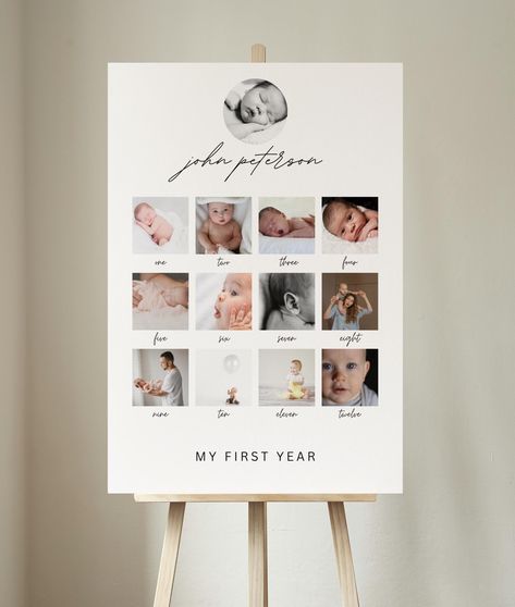 Minimalist First Birthday, Birthday Photo Board, 1st Birthday Photo Collage, Baby First Year, One Year Pictures, Birthday Milestone Board, 1st Birthday Photo, Birthday Photo Collage, Milestone Board