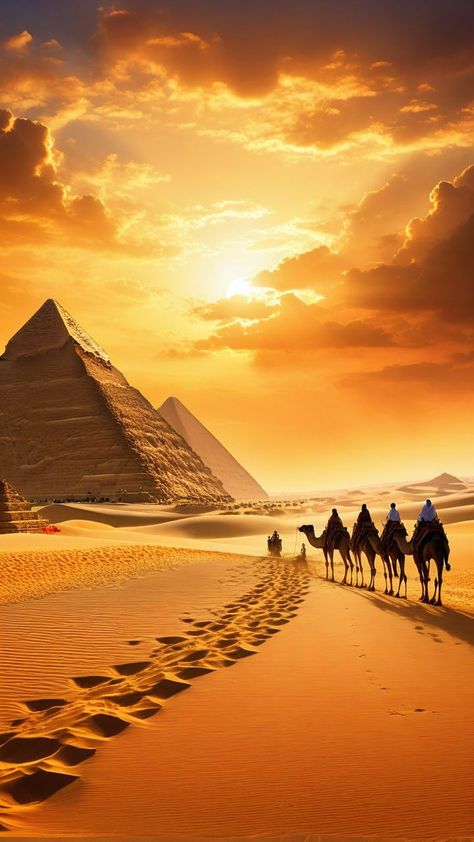 Egyptian Pyramids basked in the golden hues of sunset by 최성호 - Playground Egyptian Art Paintings, Pyramid Aesthetic, Desert Pyramids, Desert Caravan, Desert Ruins, Egypt Photos, Ancient Egyptian Architecture, Egypt Aesthetic, Pyramids Egypt