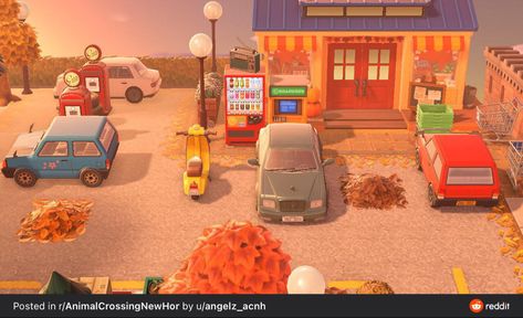 Acnh Gas Station Ideas, Acnh Cars, Acnh Gas Station, Acnh Citycore, Car Station, Acnh Ideas, Animal Crossing Villagers, New Animal Crossing, Auto Repair Shop