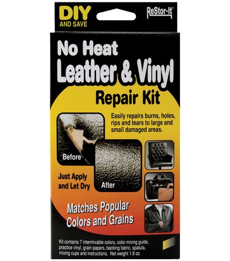 RESTOR - IT - Leather & Vinyl Repair Kit Just apply and let dry! Unique no heat repair process Easily repairs: burns holes, rips and tears on leather and vinyl Use to repair: briefcases, luggage, jackets, purses, belts, boots, clothing, footwear, auto seats, motorcycle seats, vinyl floors and much more Kit contains: 7 Intermixable Colors, Color Mixing Guide, Practice Vinyl, Grain Papers, Backing Fabric, Spatula, Mixing Cups and Instructions Made in USA Leather Couch Repair, Leather Furniture Repair, Couch Repair, Color Mixing Guide, Vinyl Repair, Leather Repair, Furniture Repair, Popular Colors, No Heat