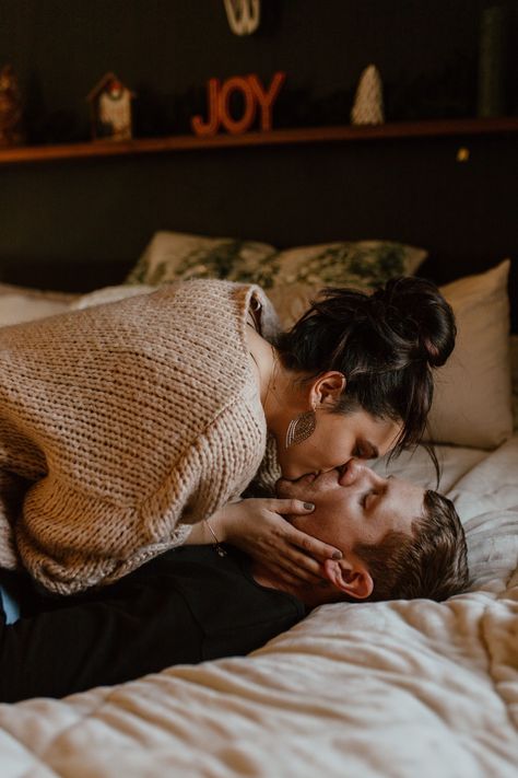 Cozy Cuddles Couple, Couple Bed Pose, Sweet Home Aesthetic, Aesthetic Decoration Ideas, Home Engagement Photos, In Home Engagement Session, Cedar Falls Iowa, Home Engagement, Sweet Hug