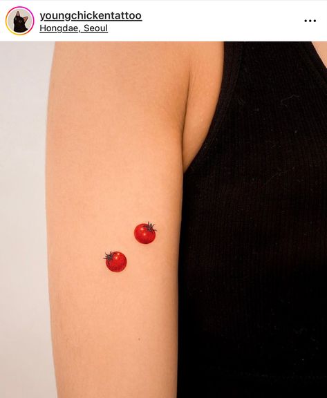 Tattoo tomatoe Tiny Tomato Tattoo, Cherry Tomato Tattoo, Tomato Tattoo, Tiny Tats, Vine Tattoos, Tattoo Inspo, Small Tattoos, Tatting, Tattoo Ideas