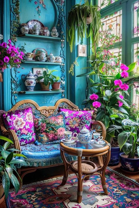 Tea Rooms Ideas Vintage, Tea Aesthetic Vintage, Tea Room Aesthetic, Boho Meditation Room, Tea Nook, Boho Sunroom, Inviting Colors, Intimate Space, Vibrant Living Room