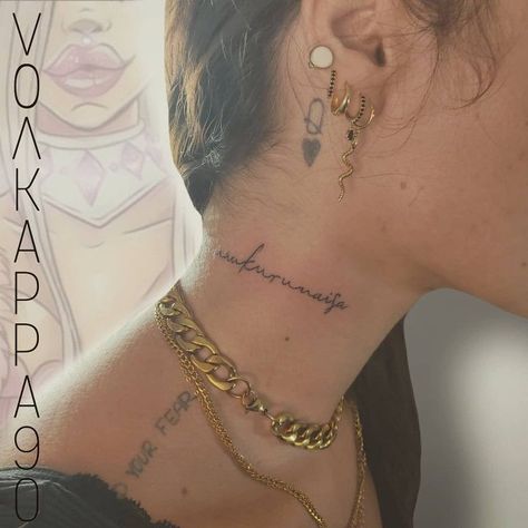 Lettering nek tattoo |  husband name tattoos for women on hip Neck Line Tattoos Women, Arabic Tattoo On Neck, Name On Neck Tattoo For Women, Cursive Name Tattoo On Neck, Neck Tattoo Cursive, Cursive Neck Tattoos Women, Name Neck Tattoo For Women, Word Neck Tattoos Women, Neck Writing Tattoo