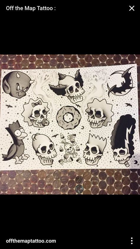 Simpsons skulls Simpsons Treehouse Of Horror Tattoo, Simpsons Halloween Tattoo, Simpsons Flash Tattoo, October Tattoos, Simpsons Halloween, Friday The 13th Tattoo, Simpsons Tattoo, Rock Tattoo, Simpsons Drawings