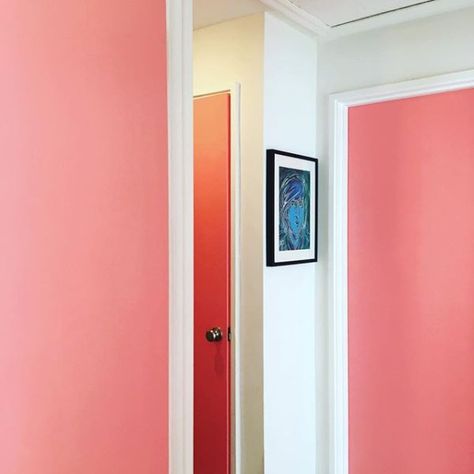 Hopeful SW 6597 - Red Paint Color - Sherwin-Williams Dishy Coral, Bay Window Breakfast Nook Ideas, Bay Window Breakfast Nook, Small Bay Window, Downstairs Hallway, Coral Paint Colors, Coral Door, Coral Room, Red Paint Colors