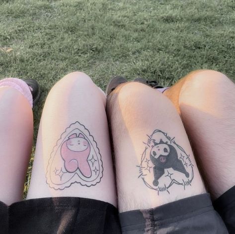 Hello Kitty Tattoo Thigh, Matching Sanrio Tattoos, Kuromi Matching Tattoos, Sanrio Tatoos, Kuromi And My Melody Tattoo, Sanrio Tattoo Ideas, My Melody Tattoo, Kawaii Tattoo Ideas, Kuromi Tattoo