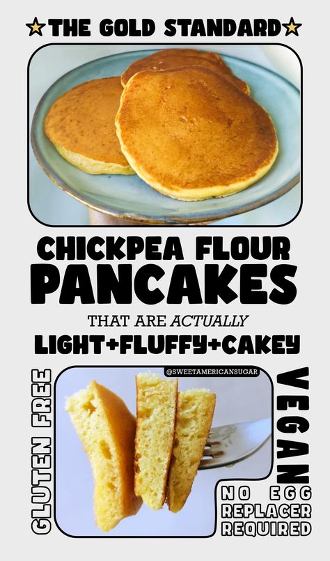 A chickpea flour pancake recipe that is vegan and gluten free and doesn't require egg replacers. Vegan Breakfast Skillet Recipes, Chickpeas Pancakes, Chickpea Flour Cake, We Cook Vegan, Gf Vegan Pancakes, Raw Vegan Breakfast Recipes, Vegan Egg, Just Egg Vegan Recipes, Coconut Flour Vegan Recipes