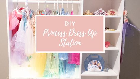 DIY Princess Dress Up Station Diy Girls Dress Up Station, Girls Dress Up Station, Princess Dress Up Station, Diy Dress Up Station, Dress Up Clothes Storage, Dress Up Area, Dress Up Wardrobe, Dress Up Stations, Dress Up Closet