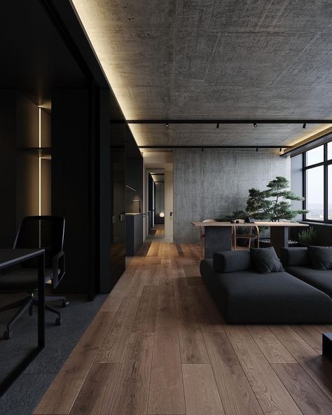 Architecture & Design | Dark interior Design: @stephents3d | Instagram Dark Interiors Living Room, Luxury Bachelor Pad, Bachelor Apartment Ideas, Black Modern Living Room, Dark And Moody Living Room, Moody Living Room Ideas, Couch Styles, Modern Living Room Black, Cool Sofa