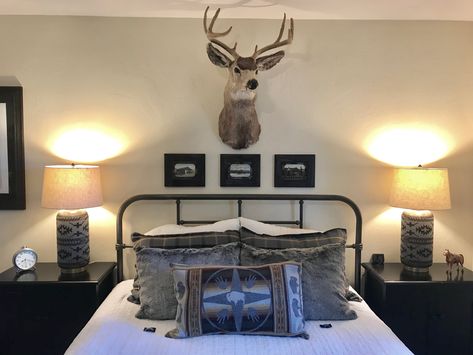 Deer mount, decorating with mounts, Pendleton, lodge decor, cabin decor, guest room Deer Head Decor Living Room Farmhouse, Deer Mounts In Living Room Farmhouse, Deer Mounts In Living Room, Decorating With Deer Mounts, Wildlife Bedroom, Deer Bedroom, Hunter Bedroom, Animal Head Wall Art, Rustic Apartment Decor