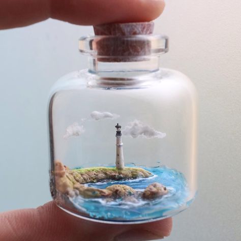 the world in a bottle ^o^ (@nj_huang) • Foton och videor på Instagram Miniature Lighthouse, Tiny Jars, Jar Art, Mini Jars, Clownfish, Miniature Bottles, Diy Watercolor Painting, Miniature Rooms, Glass Bottle Crafts