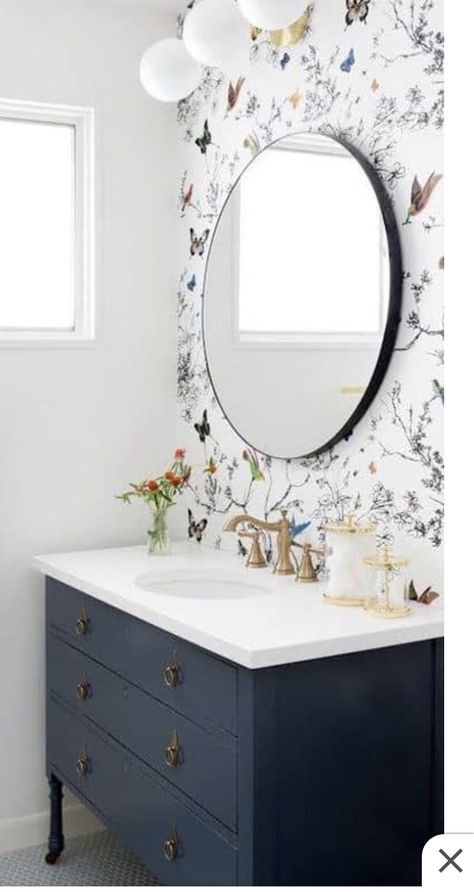 Wallpaper Accent Wall Bathroom, Diy Bathroom Vanity, Diy Bathroom Remodel, Wallpaper Accent Wall, Trendy Bathroom, Trendy Wallpaper, Diy Remodel, Half Bathroom, Bathroom Wallpaper