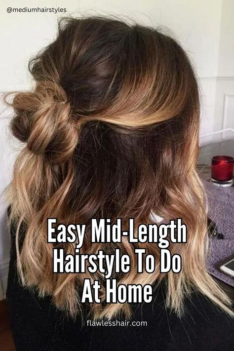 Easy Mid-Length Hairstyle To Do At Home Cute Mid Length Hairstyles Half Up, Lob Hair Styles Half Up, Thick Half Up Half Down Hair, Easy Collarbone Length Hairstyles, Put Hair Up, Medium Hairdo Women, Collarbone Length Hair Half Up, Mid Length Event Hairstyles, Fall Midlength Hairstyles